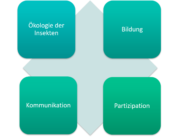 Ein Schaubild zeigt die vier Komponenten Ökologie der Insekten, Bildung, Kommunikation und Partizipation, an deren Schnittstelle das LInCa-Projekt ansetzt.